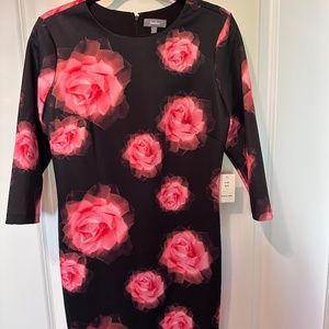 NWT Neiman Marcus Black and rose 3/4 length sleeve dress.  Size Large